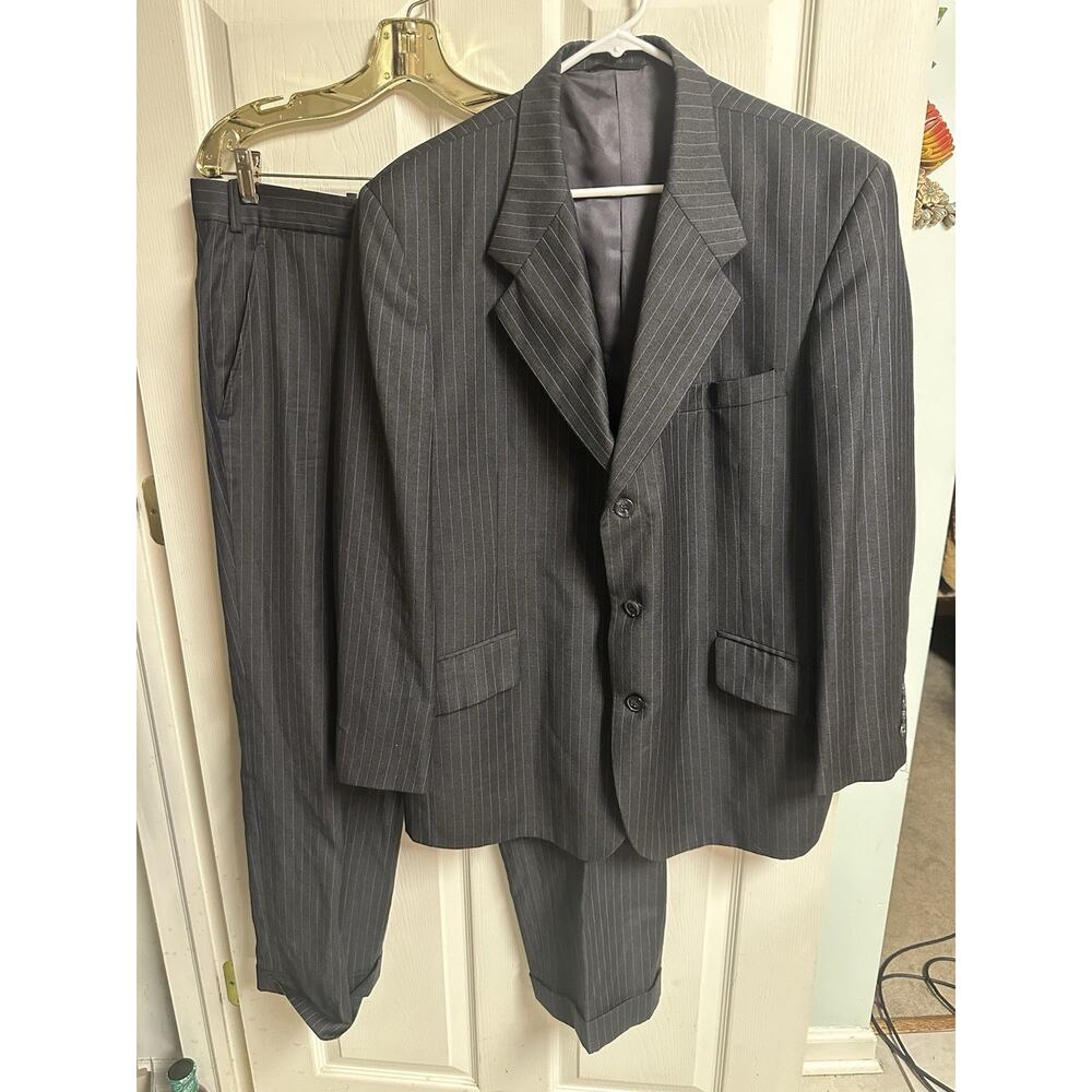 70's Wool 2 pc Pinstripe Grey suit Purple Pinstripe Jacket 44 Pants 36x29 Union